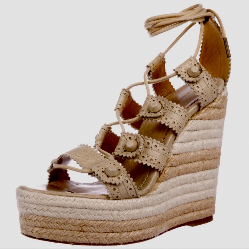 BALENCIAGA Tan Leather Lace Up Espadrille Wedges Platform Sandals Sz 39 $825